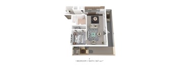 A dollhouse with a bedroom, bathroom, and living room.