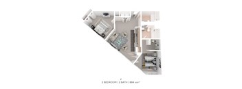 A floor plan of a 2 bedroom, 2 bathroom apartment is shown.
