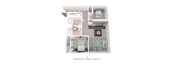 A diagram of a 2 bedroom, 2 bathroom apartment sized 899 sqft.