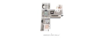 A floor plan of a 2 bedroom, 2 bathroom apartment.