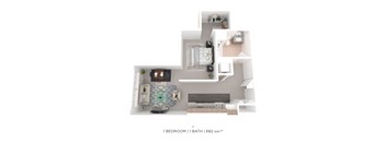 A floor plan of a one bedroom apartment with a bathroom.