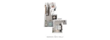 A floor plan of a one bedroom apartment with a bathroom.
