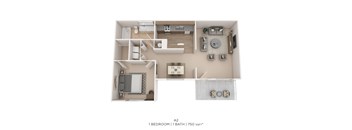 A 2 bedroom apartment with 1 bathroom and a total area of 750 sqft.