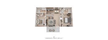 A 2 bedroom apartment with 2 bathrooms and a total area of 900 sqft.