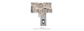 A floor plan of a 1136 sqft camden house with 2 bedrooms and 2 bathrooms.