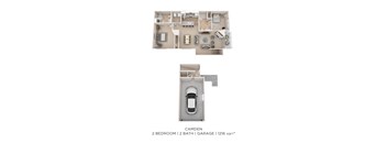 A diagram of a 2 bedroom, 2 bathroom, 1216 sqft camden apartment.