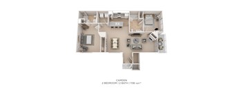A diagram of a small apartment with two bedrooms and a bathroom.