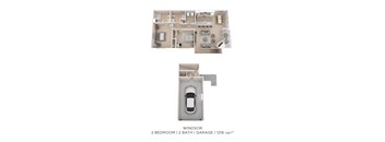 A floor plan of a 2 bedroom, 2 bathroom, 1216 sqft windsor apartment.