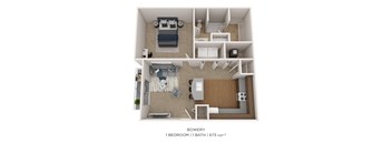 A 1 bedroom, 1 bathroom apartment is 673 square feet.
