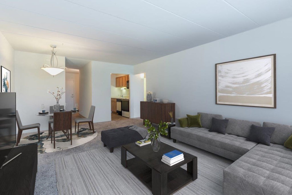 a living room with a couch and a table
