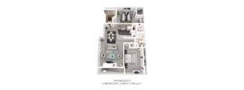 A floor plan of a two bedroom, two bathroom apartment.