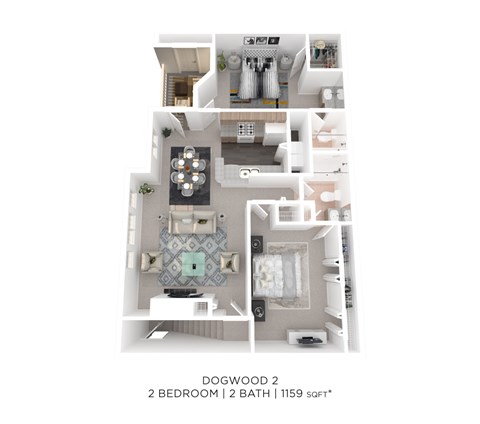 A floor plan of a two bedroom, two bathroom apartment.