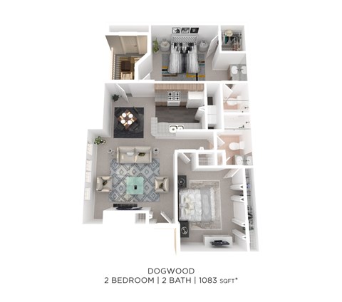 A floor plan of a dogwood apartment with two bedrooms and two bathrooms.