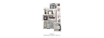A 3 bedroom, 2 bathroom apartment with a total area of 1300 sqft is displayed.