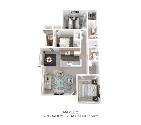 A 3 bedroom, 2 bathroom apartment with a total area of 1300 sqft is displayed.