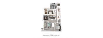 A floor plan of a 3 bedroom, 2 bathroom apartment that is 1232 square feet.