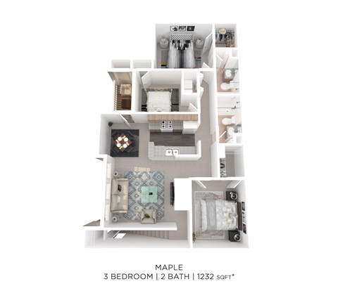 A floor plan of a 3 bedroom, 2 bathroom apartment that is 1232 square feet.