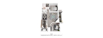 A floor plan of a one bedroom apartment with den and a bath.