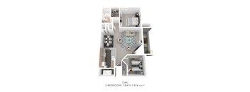 A floor plan of a 2 bedroom apartment with 1 bathroom.