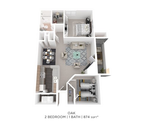 A floor plan of a 2 bedroom apartment with 1 bathroom.