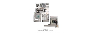 A floor plan of a Redbud apartment with two bedrooms and two bathrooms.