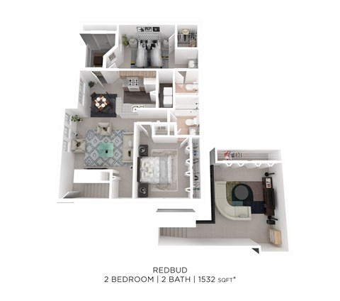 A floor plan of a Redbud apartment with two bedrooms and two bathrooms.