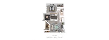 A floor plan of a 1 bedroom 1 bathroom apartment with 763 square feet.