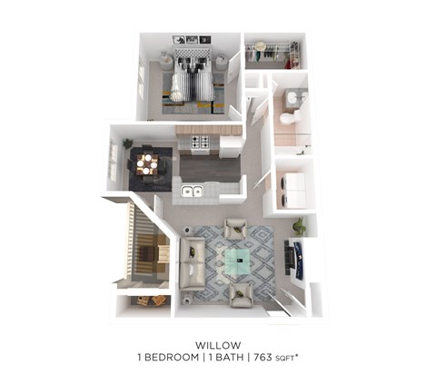 A floor plan of a 1 bedroom 1 bathroom apartment with 763 square feet.