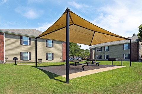 A yellow canopy is over a picnic table.