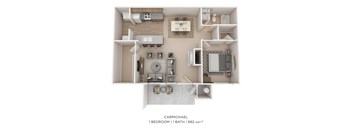 A 3D floor plan of a one bedroom apartment with a bathroom.