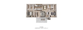 A floor plan of a 2 bedroom, 2 bathroom apartment with a total area of 927 sqft.
