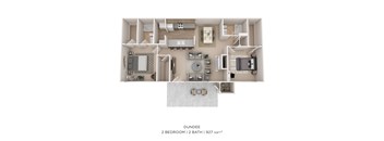 A floor plan of a 2 bedroom, 2 bathroom apartment with a total area of 927 sqft.