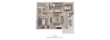 A floor plan of a one bedroom, one bathroom apartment.