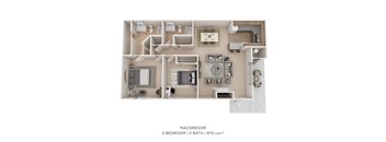 A 2 bedroom, 2 bathroom apartment with a total of 970 square feet.