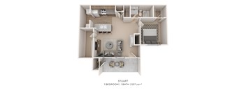 A floor plan of a studio apartment with one bedroom and one bathroom.