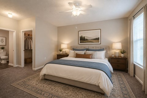 A bedroom with a large bed and a painting on the wall.