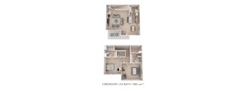Two bedroom apartment with 2.5 bathrooms and 1160 square feet.
