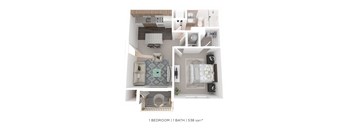A 3D floor plan of a 1 bedroom apartment with a bathroom.