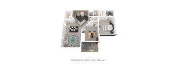 A 1 bedroom apartment with den and bath is 863 square feet.