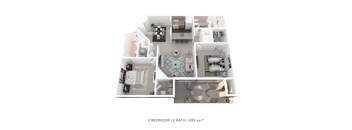 A 2 bedroom, 2 bathroom apartment with 939 square feet of living space.