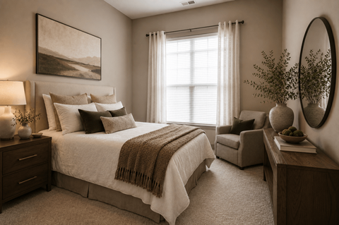 A bedroom with a large bed, a chair, and a painting on the wall.