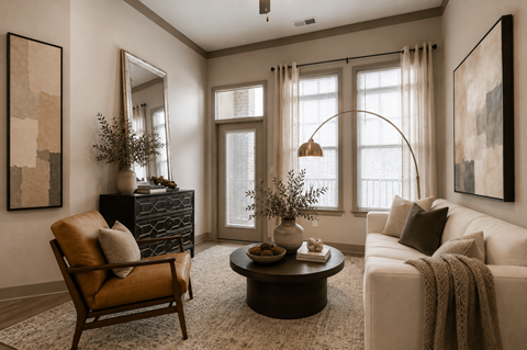 A living room with a brown chair, a white couch, and a coffee table.