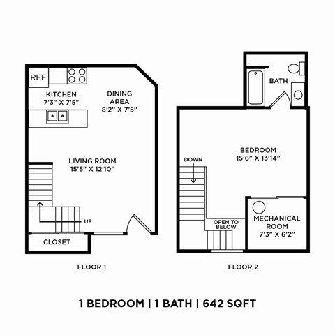A drawing of a one bedroom apartment with a bathroom.