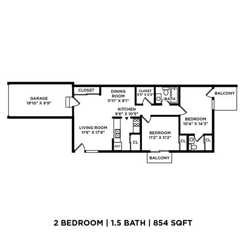 A floor plan of a 2 bedroom apartment with 1.5 bathrooms and a total size of 854 square feet.