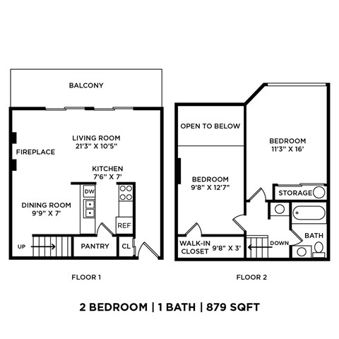 A black and white diagram of a two bedroom apartment.