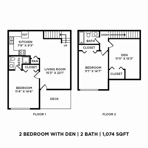 A drawing of a two bedroom apartment with a den and two baths.