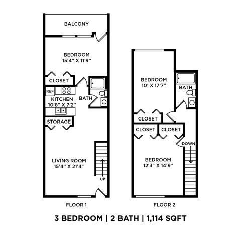 A black and white diagram of a two-story apartment layout.