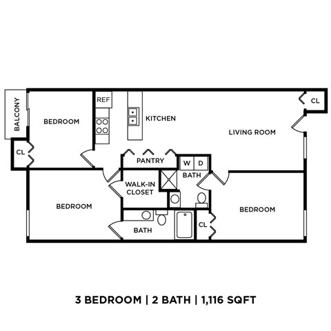 A floor plan of a 3 bedroom, 2 bathroom apartment.