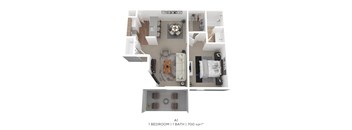 A 1 bedroom apartment with a bathroom and 700 sqft.