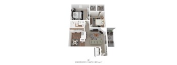 A bird's eye view of a 2 bedroom apartment with a bathroom.
